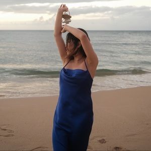 BEBE Satin Slip Cowl Neck Dress - Royal Blue